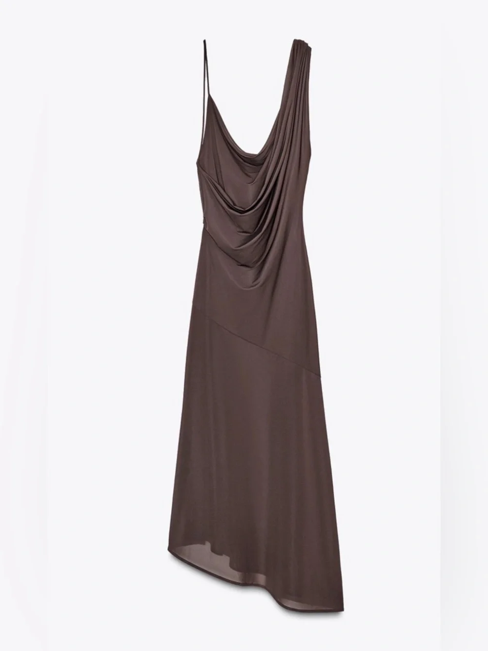ZARA Chocolate Brown Asymmetrical Draped Strap Maxi Dress w/ Built-In Bodysuit - Picture 6 of 11